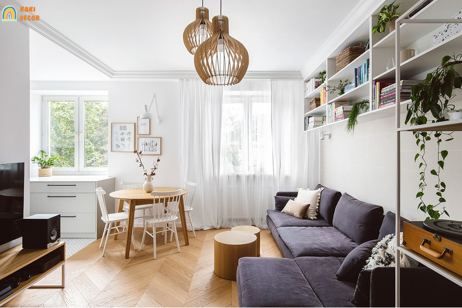 decor phòng khách nhà ống phong cách Scandinavian